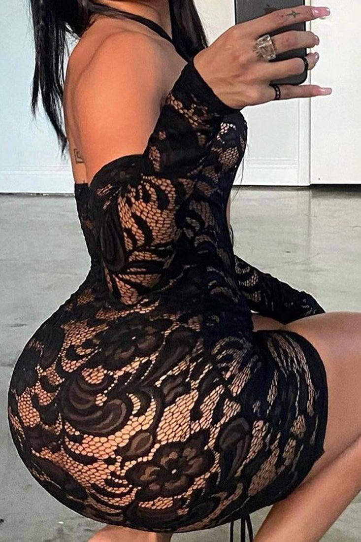 Black Lace Mesh Sexy Club Dress - AMIClubwear