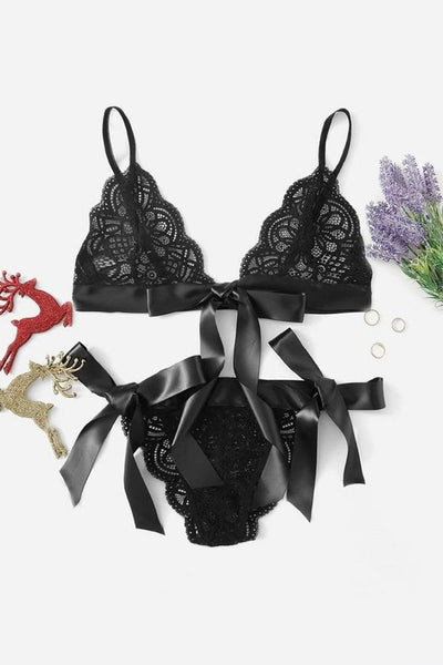 Black Lace Ribbon Bow 2Pc Lingerie Set - AMIClubwear