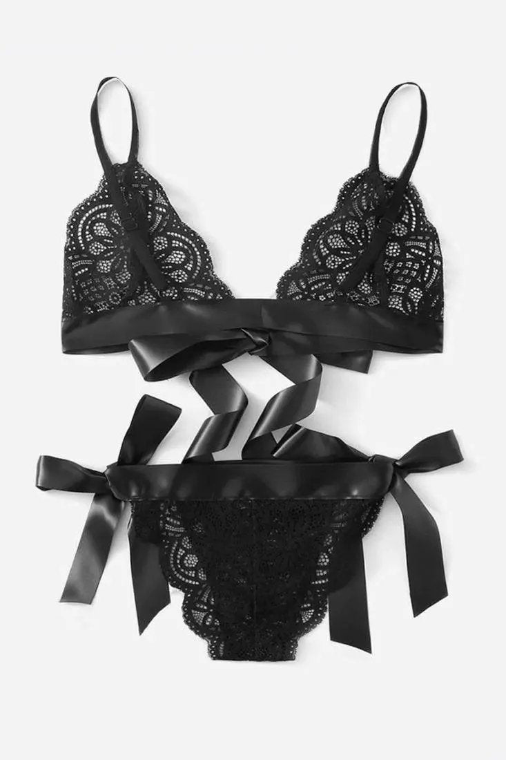 Black Lace Ribbon Bow 2Pc Lingerie Set