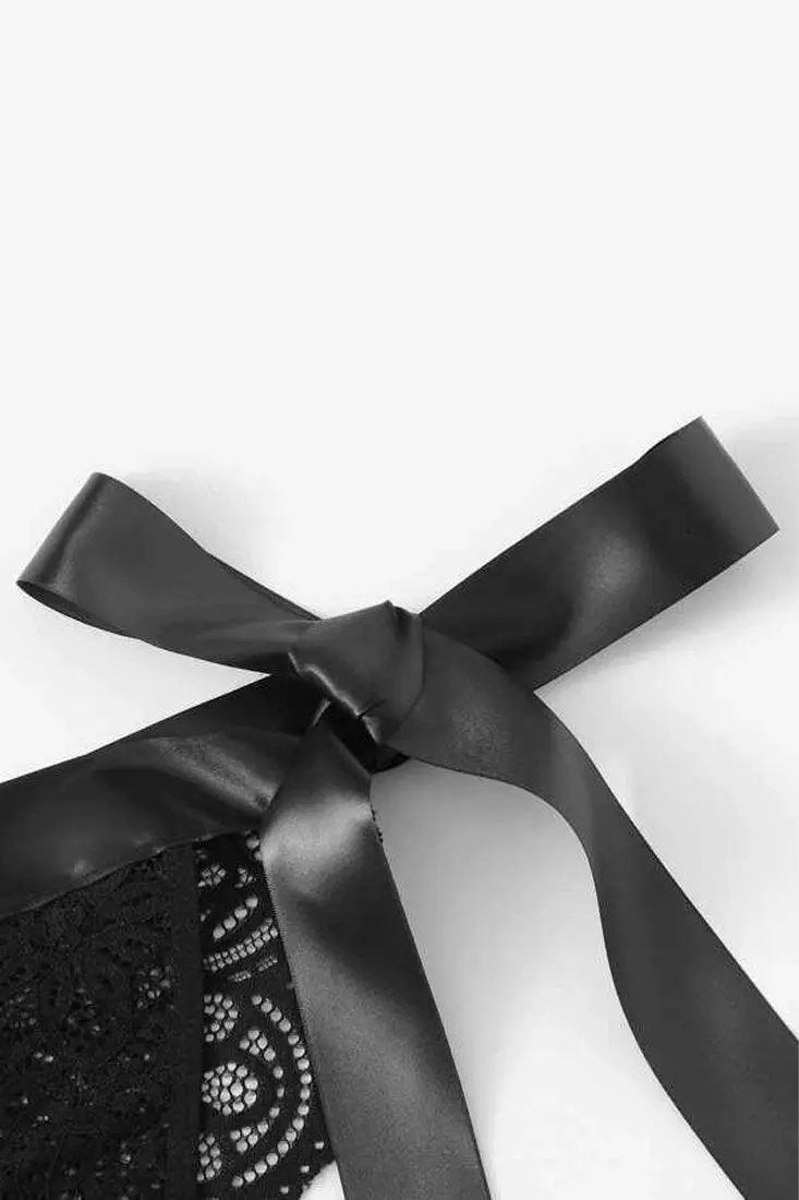 Black Lace Ribbon Bow 2Pc Lingerie Set