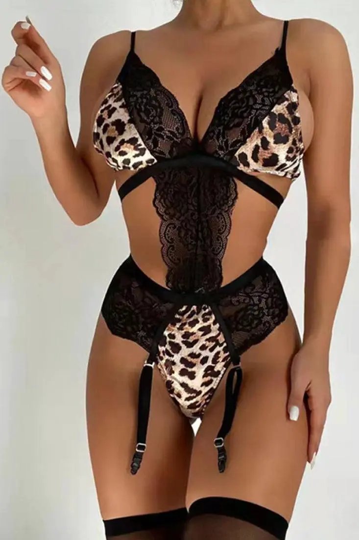 Black Leopard Print Lace Garter Lingerie Set