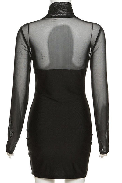 Black Mesh Cupped Long Sleeve Bodycon Kim K Dress - AMIClubwear