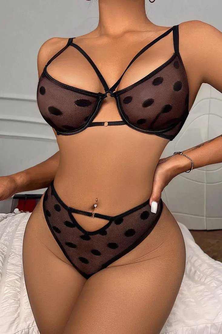 Black Mesh Dots Strappy Cut-Out 2Pc Lingerie Set