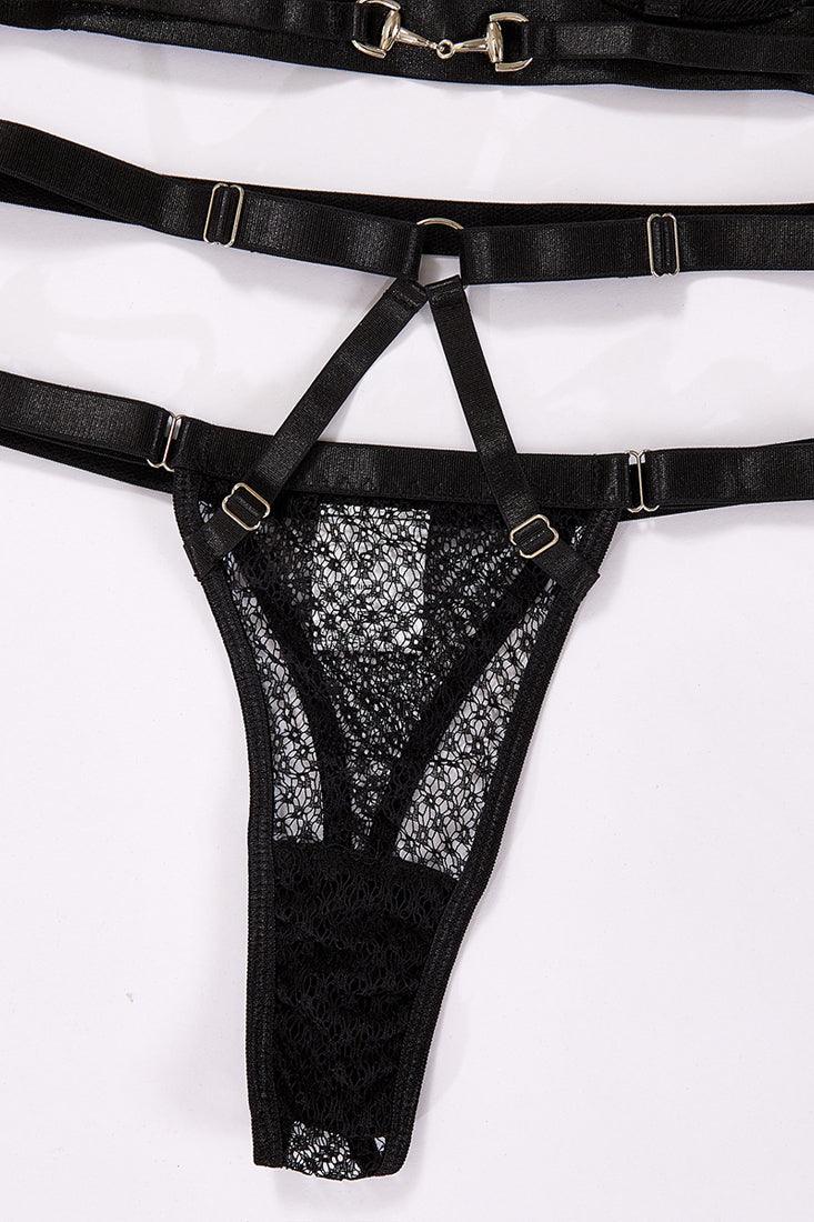 Black Mesh Wired Cage Designer Strappy Thong 2Pc Lingerie Set - AMIClubwear