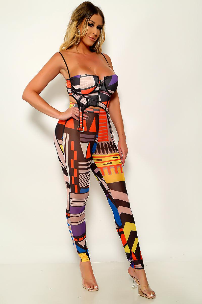 Black Multi Aztec Print Stretchy Corset Fitted Zipper 2 Pc Outfit Jumpsuit - AMIClubwear