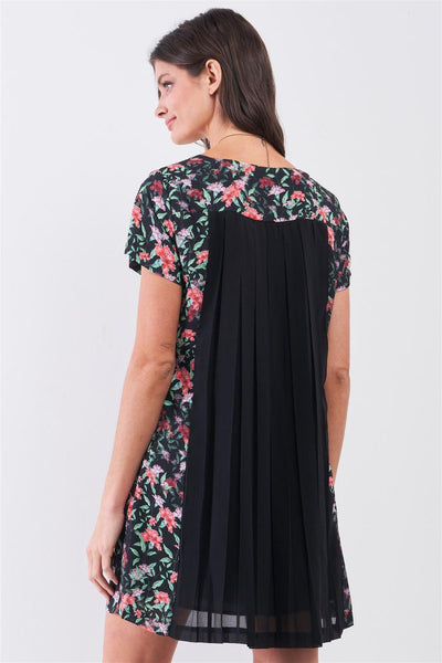 Black Multicolor Floral Print Pleated Back Detail Relaxed Mini Dress - AMIClubwear