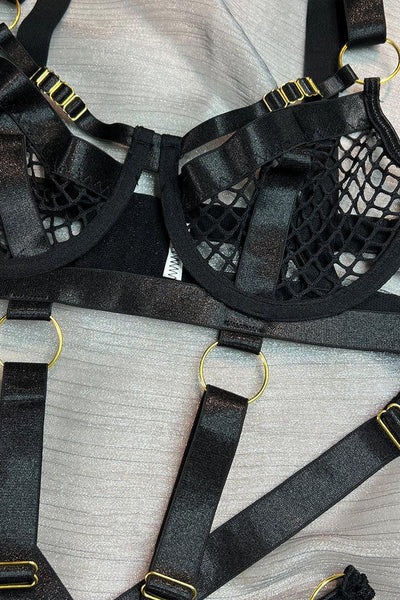 Black Netted Bandage Ring Thong Lingerie Set Bodysuit - AMIClubwear