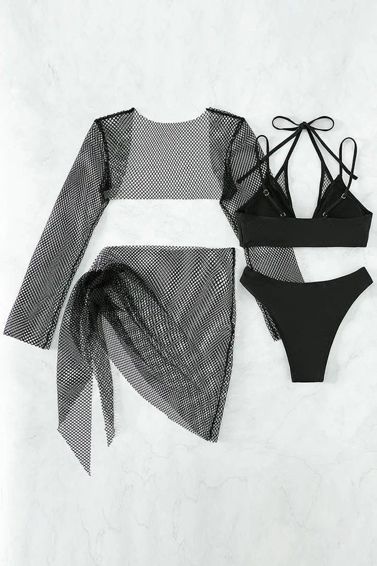 Black Netted Coverup 4 Piece Cheeky Swimsuit Bikini