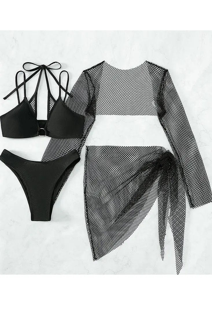Black Netted Coverup 4 Piece Cheeky Swimsuit Bikini