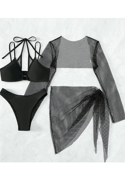Black Netted Coverup 4 Piece Cheeky Swimsuit Bikini - AMIClubwear