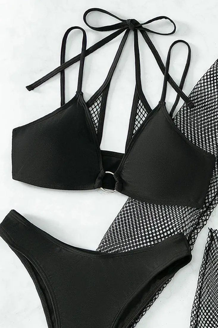 Black Netted Coverup 4 Piece Cheeky Swimsuit Bikini