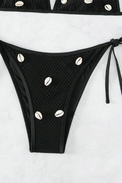 Black Netted Sea Shell Triangle Cheeky 2 Pc Swimsuit Set Bikini - AMIClubwear