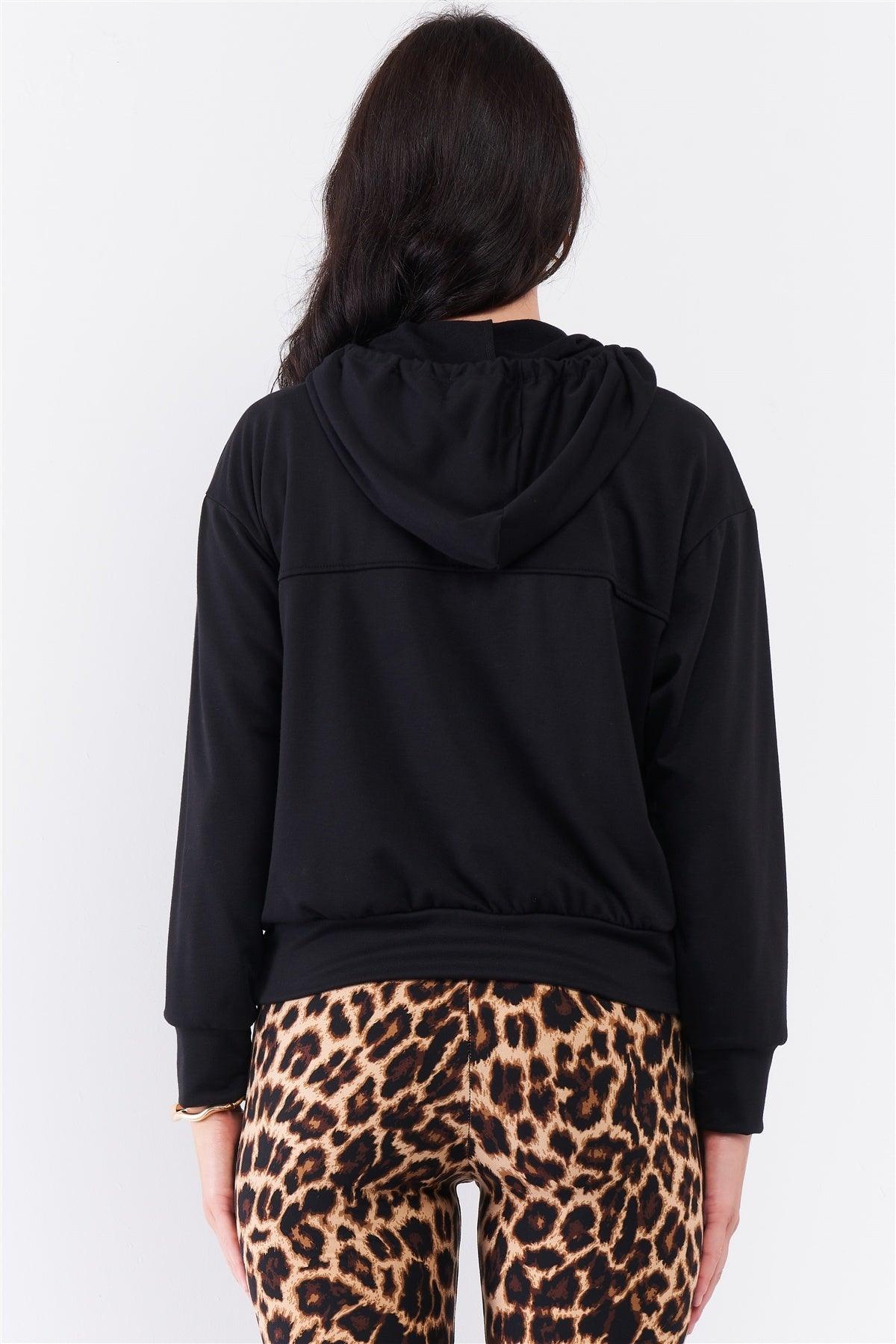 Black Oversize High Neck Zip-up Detail Draw String Tie Hoodie Sweatshirt - AMIClubwear