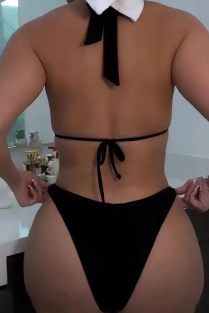 Black Pearl Rhinestone Gold Chain Strappy Cheeky Ruched Butt 2Pc Swimsuit