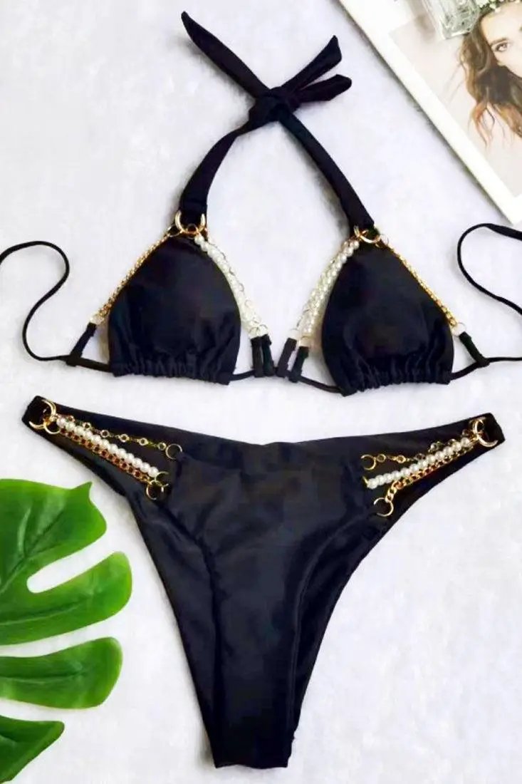 Black Pearl Rhinestone Gold Chain Strappy Cheeky Ruched Butt 2Pc Swimsuit