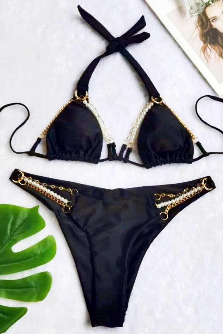 Black Pearl Rhinestone Gold Chain Strappy Cheeky Ruched Butt 2Pc Swimsuit - AMIClubwear
