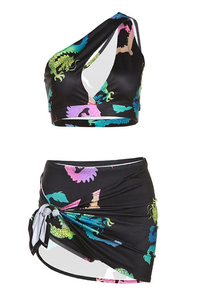 Black Rainbow Dragon Print 3 Pc Crop Top Skirt Outfit Clubwear - AMIClubwear