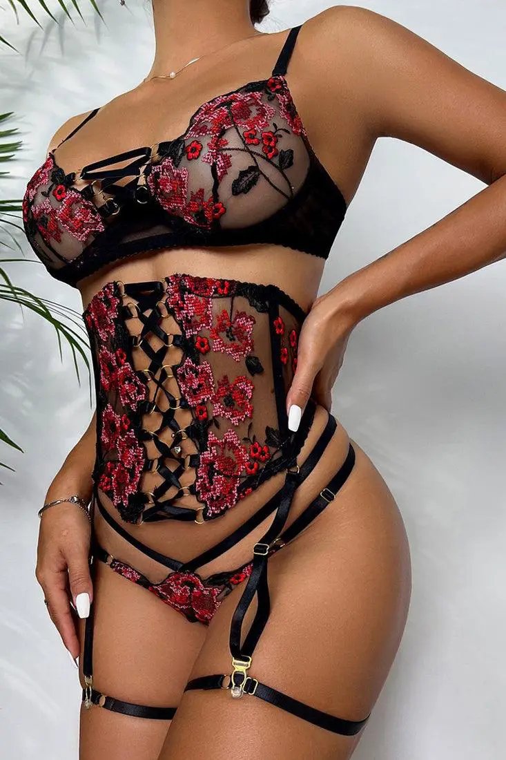 Black Red Flower Embroidered Bra Corset Garter Belt Thong 3Pc Lingerie Set