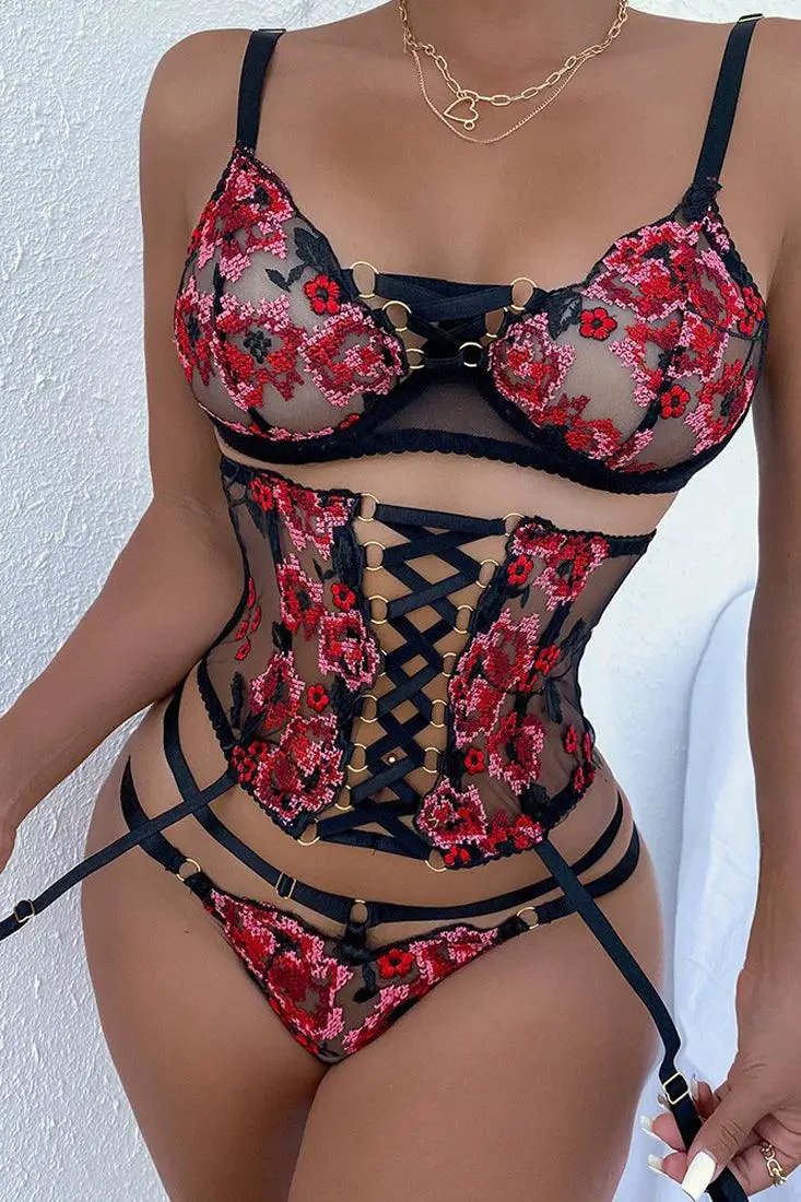 Black Red Flower Embroidered Bra Corset Garter Belt Thong 3Pc Lingerie Set