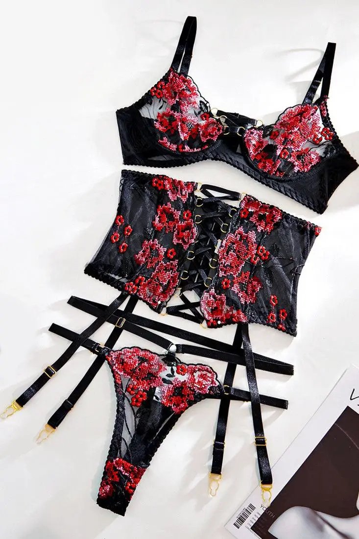 Black Red Flower Embroidered Bra Corset Garter Belt Thong 3Pc Lingerie Set