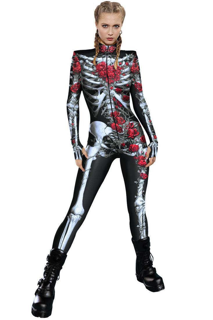 Black Red Rose Skeleton Zipper Jumpsuit - AMIClubwear