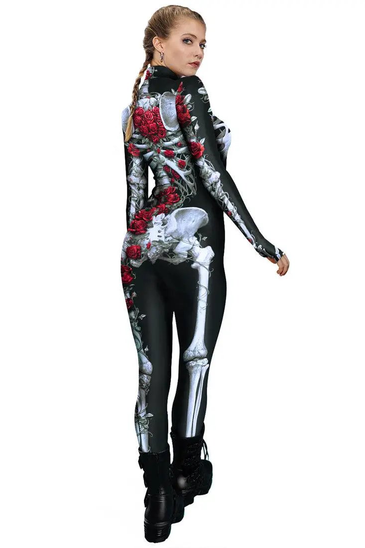 Black Red Rose Skeleton Zipper Jumpsuit