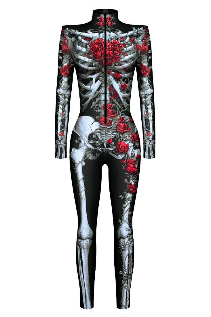 Black Red Rose Skeleton Zipper Jumpsuit