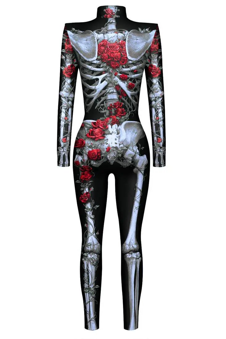 Black Red Rose Skeleton Zipper Jumpsuit