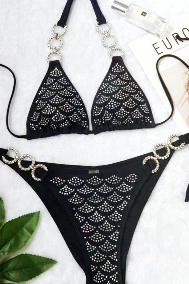 Black Rhinestone Covered O-Ring Cheeky 2Pc Sexy Swimsuit Bikini - AMIClubwear