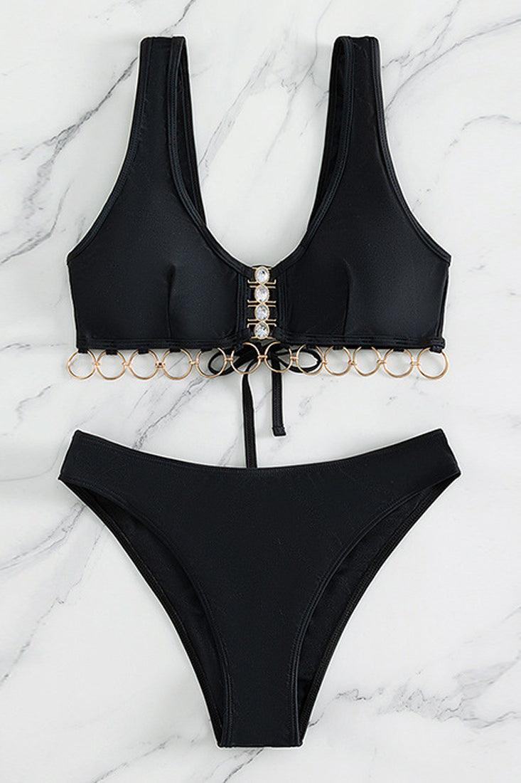 Black Rhinestone O-rings Cheeky 2Pc Bikini Swimsuit Set - AMIClubwear