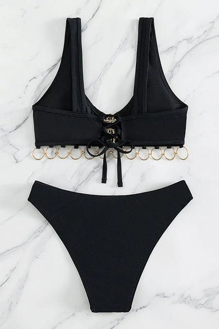 Black Rhinestone O-rings Cheeky 2Pc Bikini Swimsuit Set – AMIClubwear