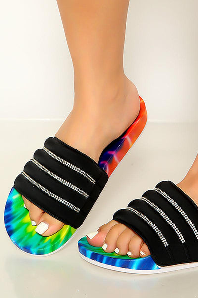 Black Rhinestone Rainbow Tie Dye Slip On Slides Sandals - AMIClubwear