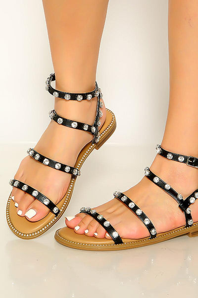 Black Rhinestone Strappy Gladiator Flat Sandals - AMIClubwear