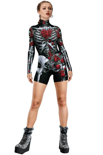 Black Rose Sexy Zip Up Skeleton Romper 1 Pc Costume - AMIClubwear