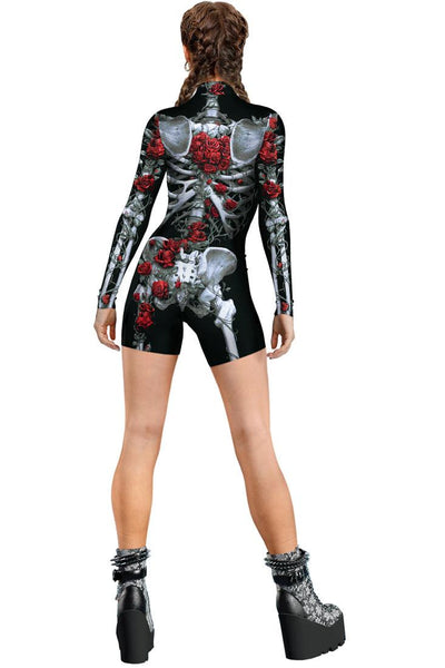 Black Rose Sexy Zip Up Skeleton Romper 1 Pc Costume - AMIClubwear