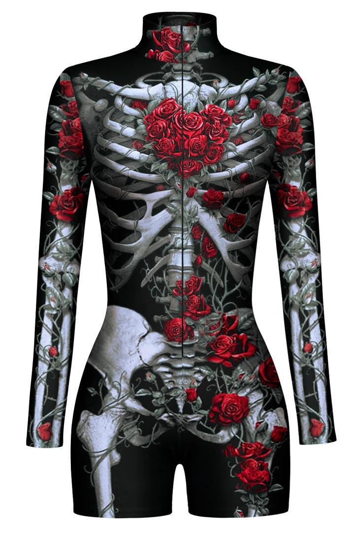 Black Rose Sexy Zip Up Skeleton Romper 1 Pc Costume - AMIClubwear