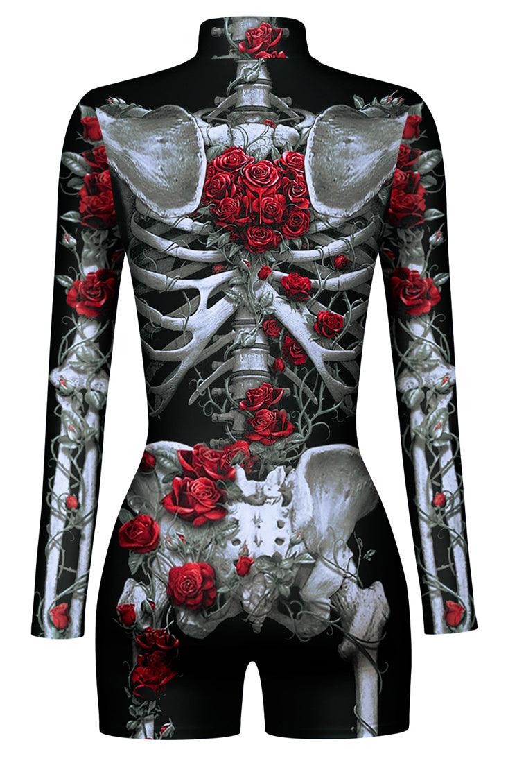 Black Rose Sexy Zip Up Skeleton Romper 1 Pc Costume - AMIClubwear