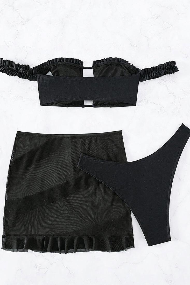 Black Ruffle Off Shoulder Top Cheeky Mesh Skirt Cover-Up 3Pc Swimsuit Set - AMIClubwear