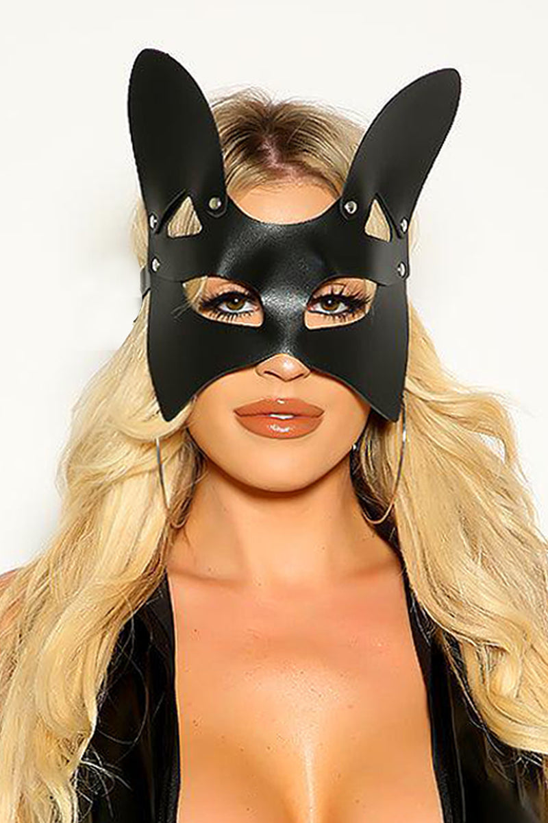 Black Sexy Cat PU Leather Belted Mask Accessory