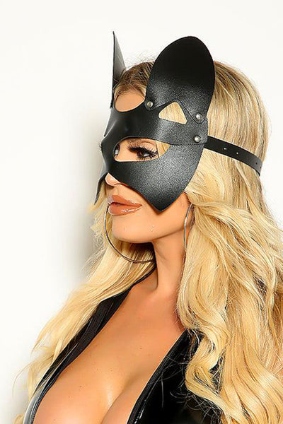 Black Sexy Cat PU Leather Belted Mask Accessory