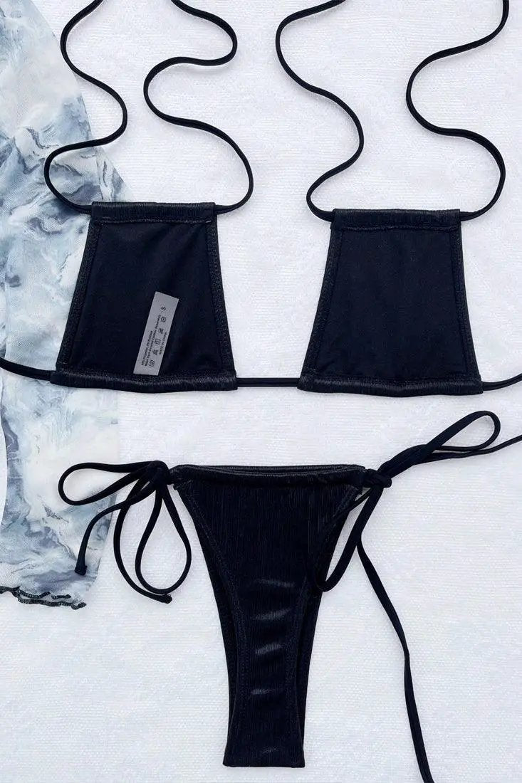 Black Shiny Multi Style Sexy Thong 2Pc Swimsuit Bikini