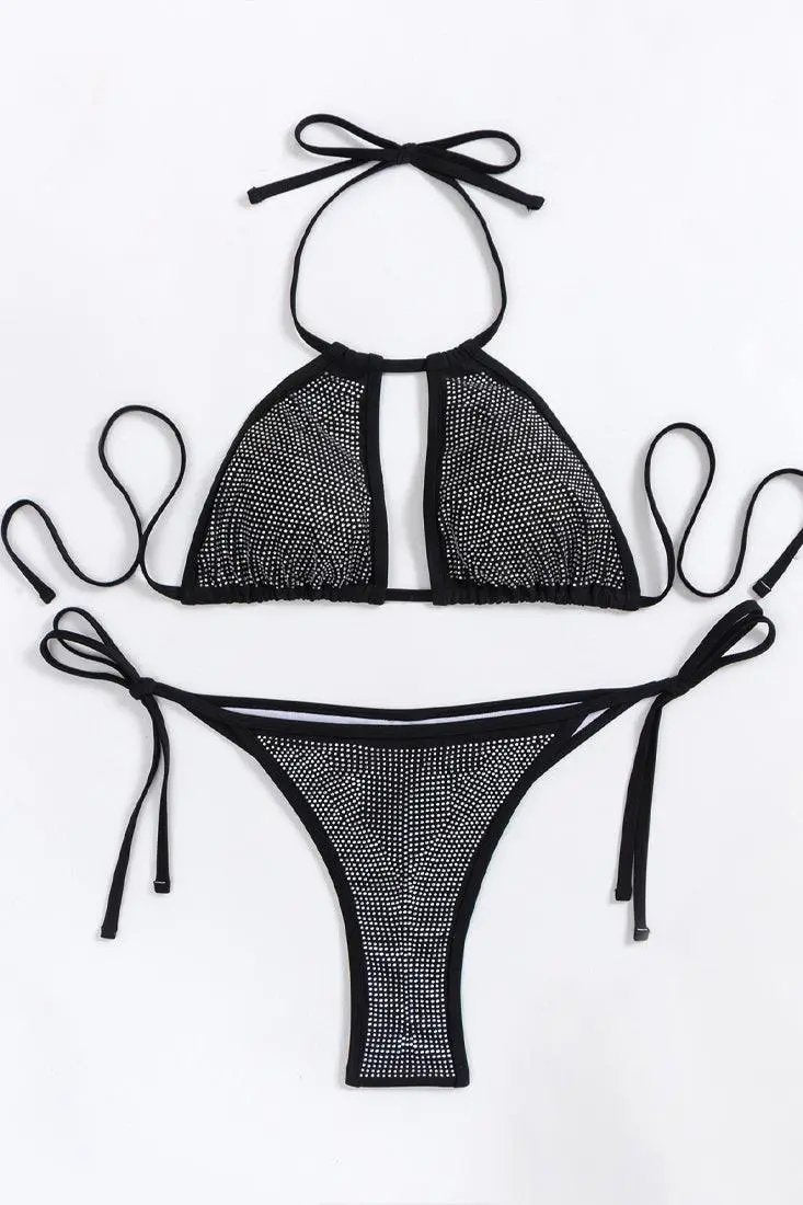 Black Silver Rhinestone Covered Halter Thong 2 Pc Sexy Swimsuit Bikini
