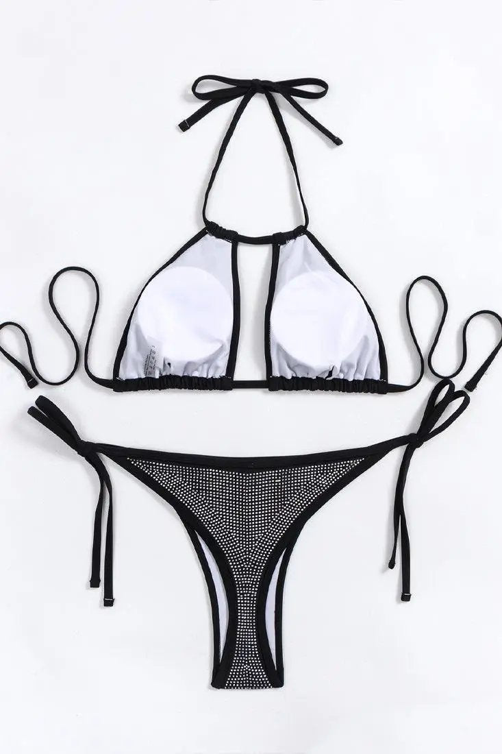 Black Silver Rhinestone Covered Halter Thong 2 Pc Sexy Swimsuit Bikini