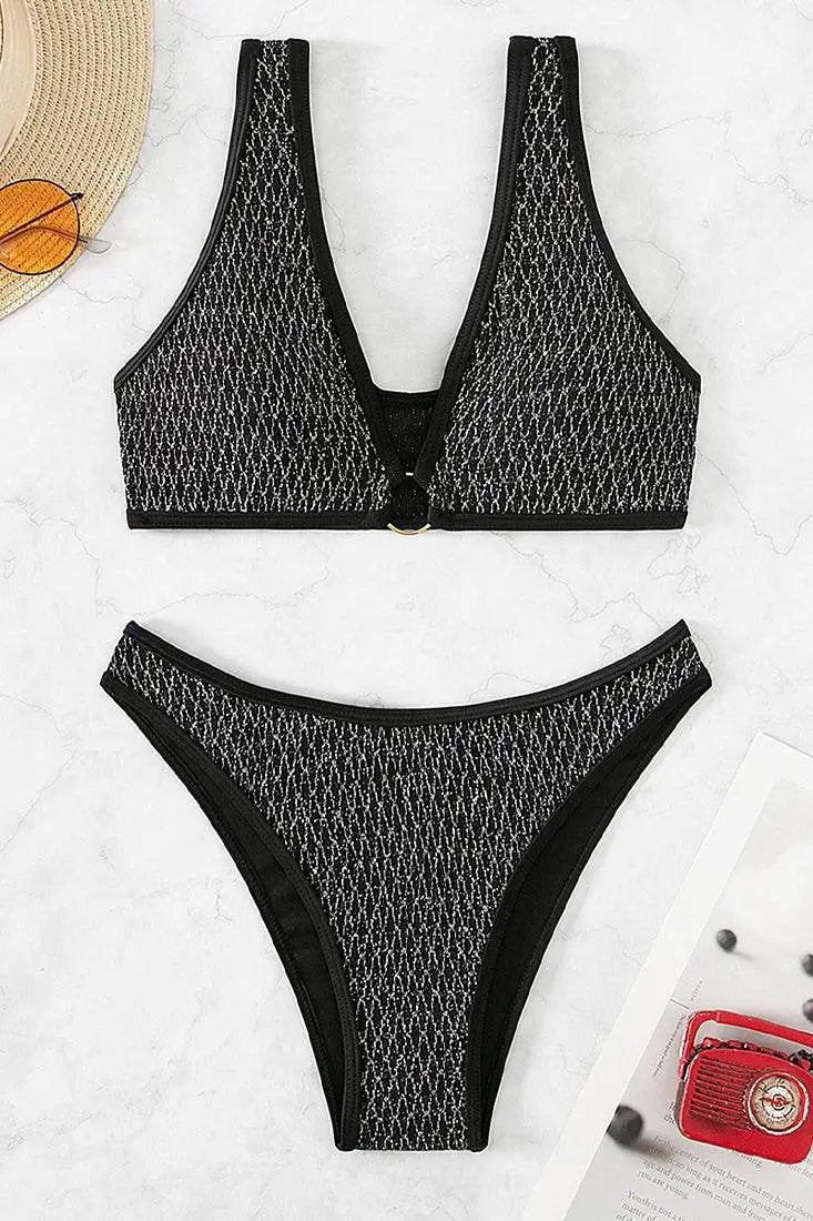 Black Silver Shimmer Cheeky 2Pc Sexy Swimsuit Set