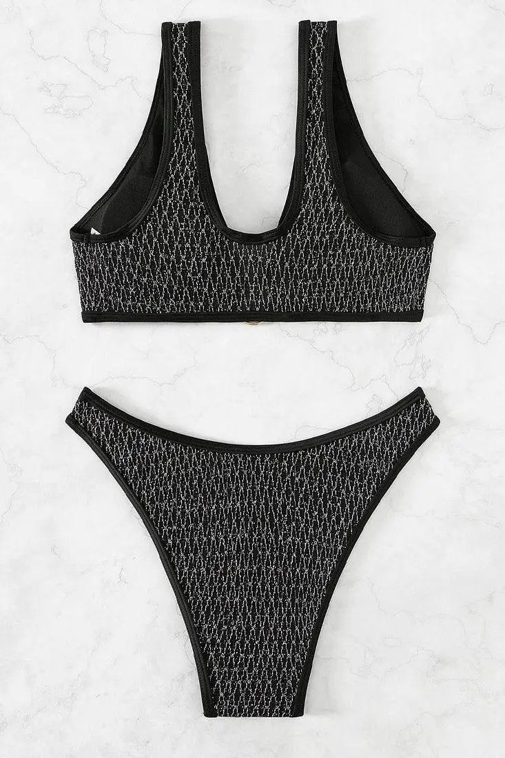 Black Silver Shimmer Cheeky 2Pc Sexy Swimsuit Set