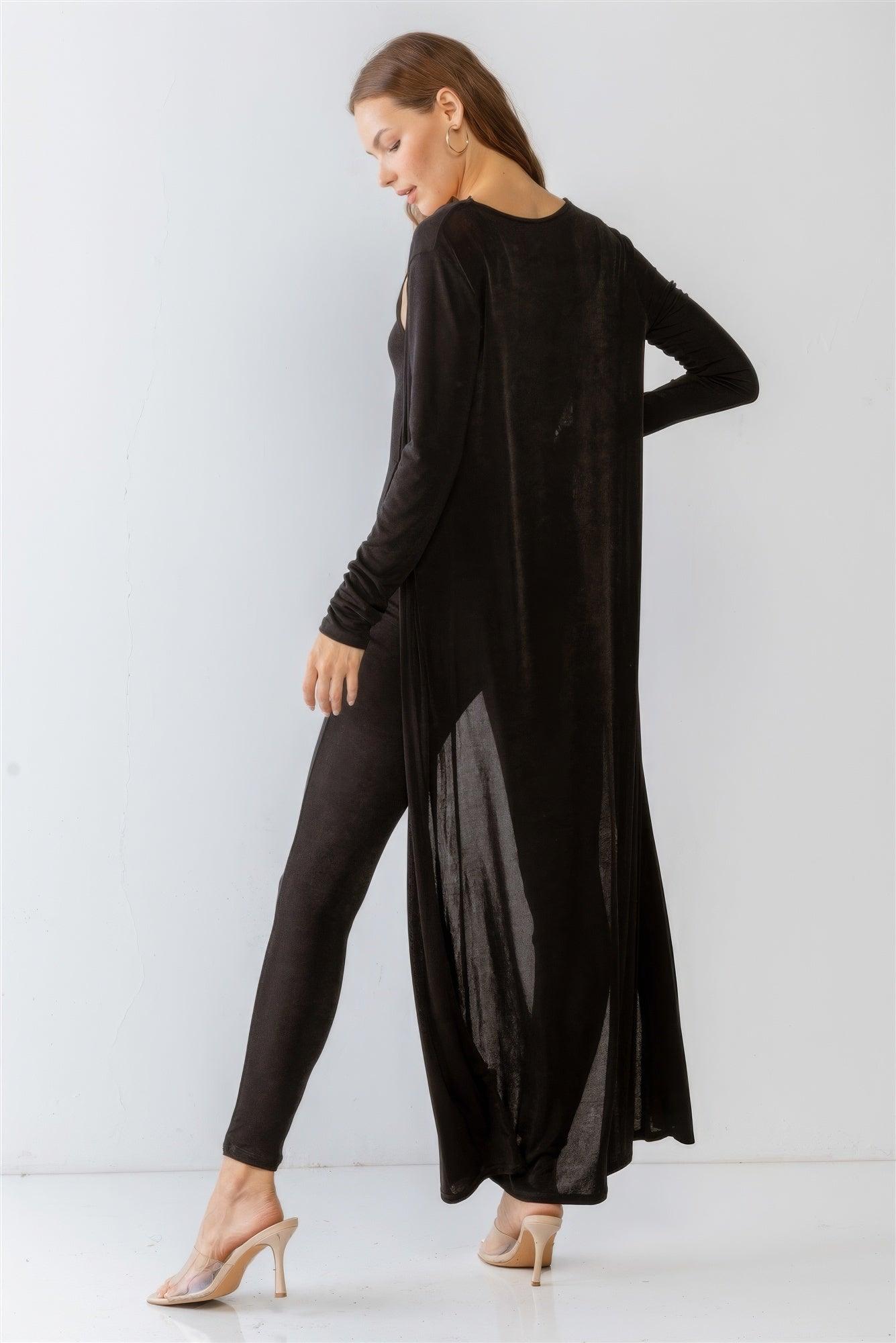 Black Sleeveless Cut-out Detail Slim Fit Jumpsuit & Open Front Long Sleeve Cardigan Set - AMIClubwear