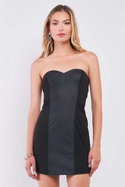 Black Sleeveless Strapless Faux Leather Insert Trim Sweetheart Neck Bodycon Mini Dres - AMIClubwear