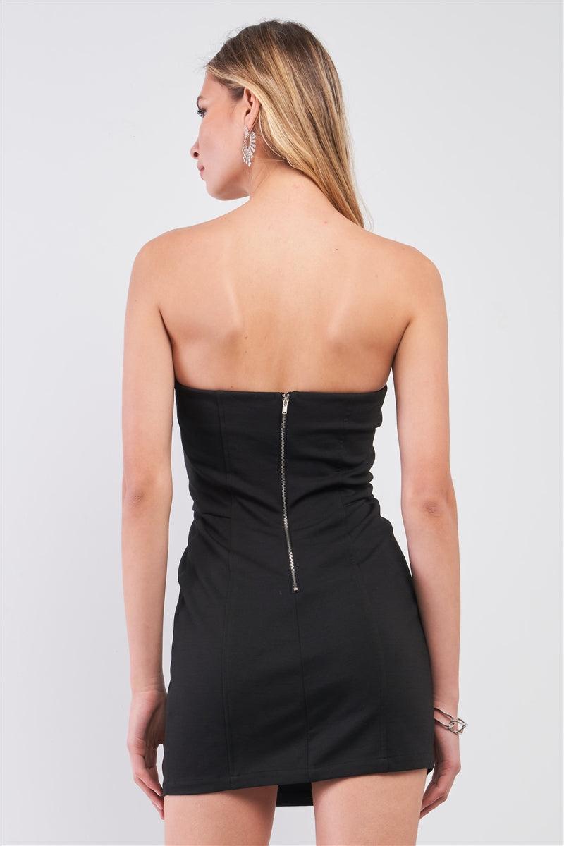 Black Sleeveless Strapless Faux Leather Insert Trim Sweetheart Neck Bodycon Mini Dres - AMIClubwear