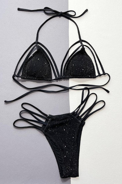 Black Sparkly Strappy Cheeky Sexy Two Piece Swimsuit Bikini - AMIClubwear