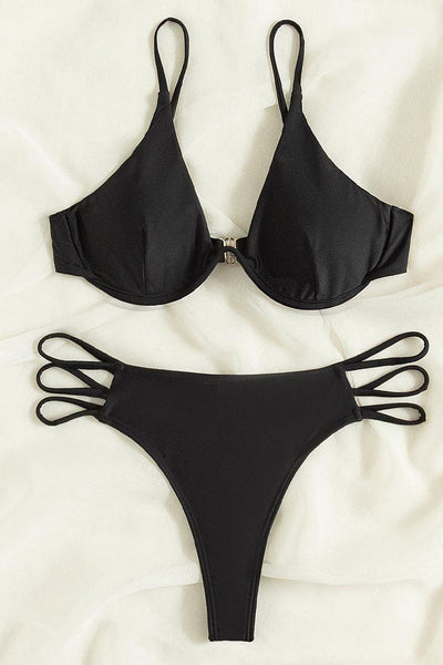 Black Strappy Sexy U Underwire Two Piece Thong Swimsuit - AMIClubwear